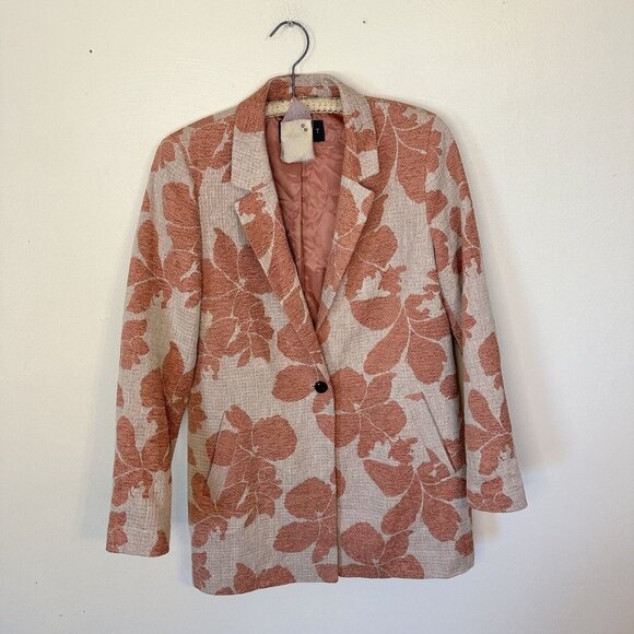 ESPRIT Womens Cream and Rust Hibiscus Pattern Blazer Size Small Button Pockets - Picture 1 of 15